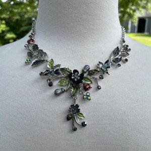 Vintage Floral Necklace Enamel Silver Natural Bib